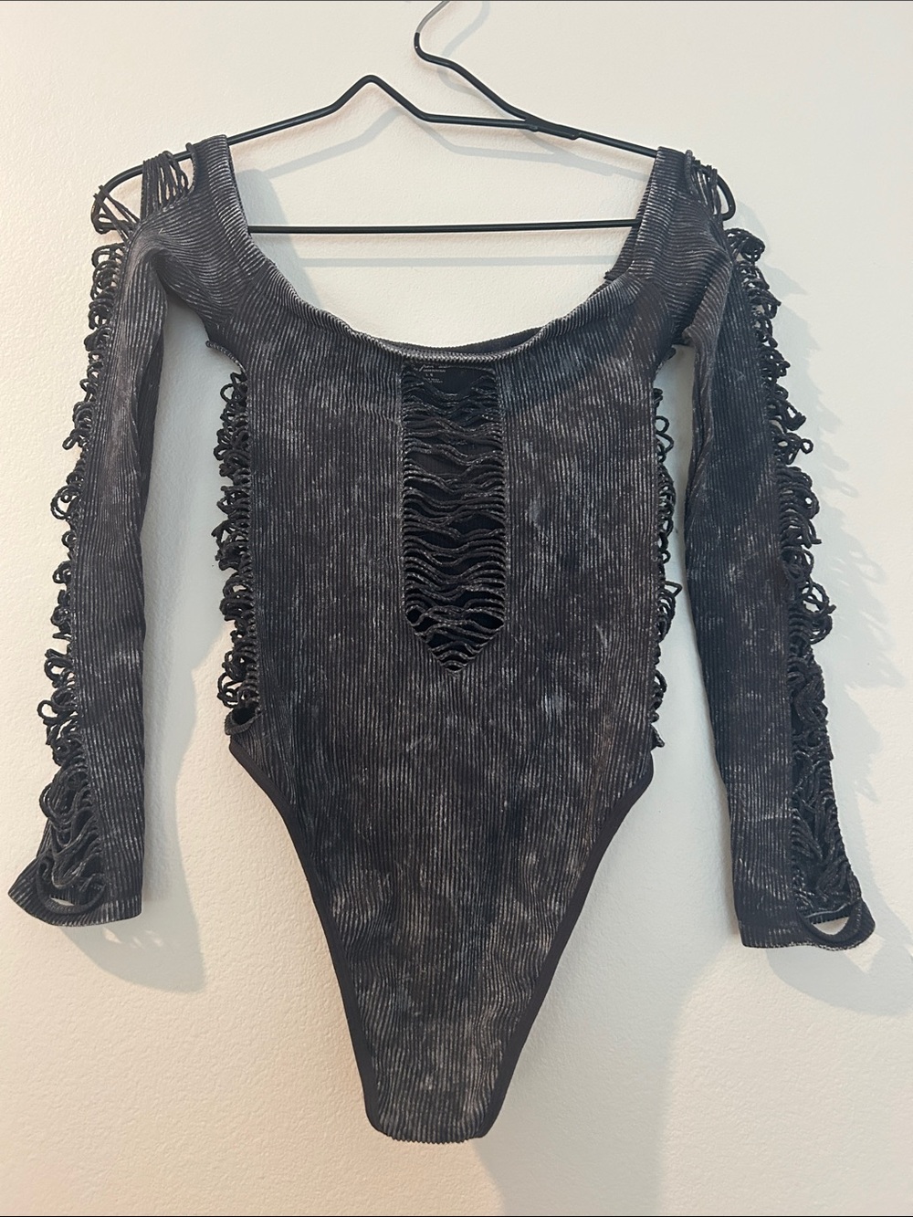Urban Outfitters Black Distressed Ribbed Long Sleeve Bodysuit